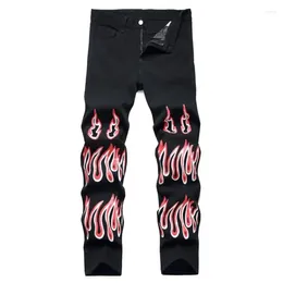 Men's Jeans Y2k Pants Flame Stretch For Fashion Streetwear Slim Printed Hip Hop Male Motorcycle Denim Trousers Black