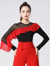 Stage Wear Latin Dance Top Modern Jitba Costume Set Mesh Flowing Wavy Sleeves Red Mid Sleeve Skirt