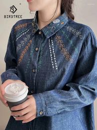 Women's Blouses Autumn Cotton Denim Retro Shirt Women Lapel Collar Embroidery Tops Girl Long Sleeve Loose Basic Blouse 2024 Spring T3D991QC