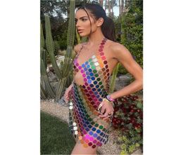 Casual Dresses Rainbow Openback Chainmail Mini Dress Women Sexy Colorful Striped Nightclub Party Ladies Casual3972166