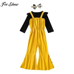 Clothing Sets Kids Girls Fashion Casual Cute Outfit Long Sleeve Bowknot T-Shirt With Flared Suspender Pants Headband Spring Autumn Costume