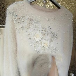 Women's Sweaters Luxury Style Sparking 3D Floral Embroidery Diamonds Beaded Mohair Short Sweater Faux Fur Knitted Pullovers Mink Cashmere