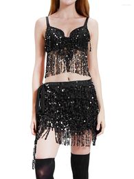 Work Dresses Women Belly Dancing Outfits Sparkle Sequins Tassel Bra Tops And Hip Scarf Wrap Skirt Set Rave Party Nightclubs Costumes