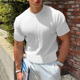 Handsome Well Fitting Tops INCERUN Men Knitted ONeck Tshirts Casual Fashion Solid Short Sleeve Camiseta S5XL 240409