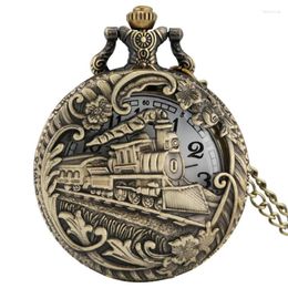 Pocket Watches Bronze Hollow Out Locomotive Steam Train Clock Men Women Antique Quartz Watch Sweater Necklace Chain Gift Timepiece