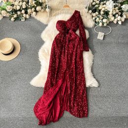 Casual Dresses Chic Elegant Asymmetric Sequin Long Sleeve Strapless Dress Vacation Diagonal Collar Women Ceremonial Vestidos