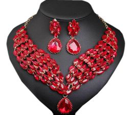 Earrings Necklace Red Crystal Jewellery Set Statement Rhinestone Pendant Sets Nigerian African Choker Women Bridal Wedding Party6326752