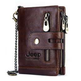 Wallets NEW 2022 100% Genuine Leather Men Wallet Double Zipper Portomonee Male Slim Walet Pocket Coin Pouch Small Mini Card Holder