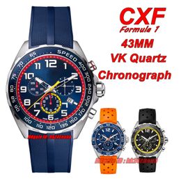 CXF Watches F1 43MM VK Quartz Chronograph Mens Watch Blue Dial Rubber Strap Gents Wristwatches