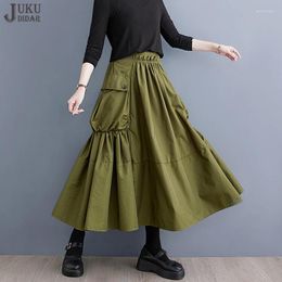 Skirts Solid Green Black Elastic Waist A-Line Loose Fit Woman Long Skirt Large Pockets Korean Style Casual Wear Pleated JJSK044