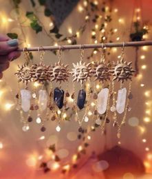 Dangle Chandelier Sun Goddess Quartz Charm Brass Earrings Stars Moon Boho Hippie Bohemian Celestial Witchy Metaphysical Jewelry5990234