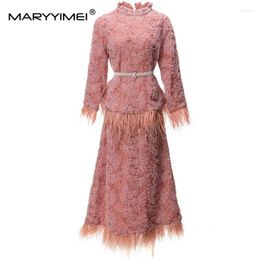 Work Dresses MARYYIMEI Fashion Suit Designer Women's Bead O-Neck Feather Long Sleeves Detachable Belt Jacquard Tops Midi Skirt 2pcs Set