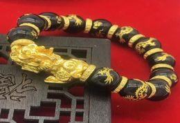 Imitation Gold 3D Wealth Pixiu Animal Charm Obsidian Beaded Religious Bracelet Feng Shui Lucky Men039s Jewelry6565383