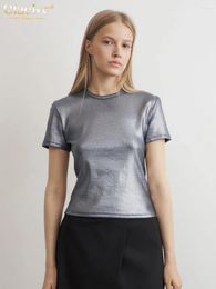 Women's T Shirts Clacive Fashion Slim Silver 2024 Summer O-Neck Short Sleeve Elegant Classic Solid Top Female Clothing