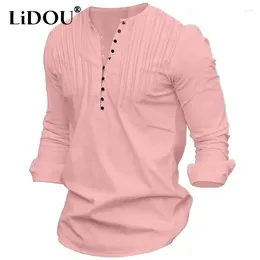 Men's Casual Shirts 2024 Summer O Neck Solid Cotton Linen Shirt Man Fashion Loose Long Sleeve Button Pullovers Pleated Y2K All-match Tops