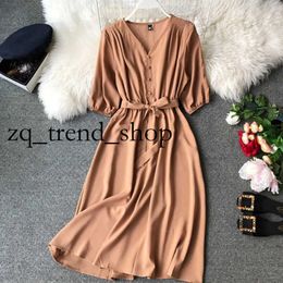 Women Summer Dress V-neck Streetwear A-line Empire Beach Mid-calf Long Chiffon Dresses with Sashes Frocks for Women 8 36