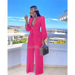 Womens Jumpsuits Rompers Women Jumpsuit Full Sleeve Shirt Collar Button Up With Belt Office Lady Bodysuit Overall Romper Wholesale Drop