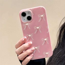 Cell Phone Cases Korean cute hot pink bow 3D pearl soft silicone phone case suitable for iPhone 15 14 12 Pro Max 11 cute bow gloss back cover J240418