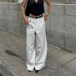 Women's Pants Fashion White Striped Long For Women Vintage High Waist Wide Leg Loose Trousers With Pockets Lady Casual Streetwear