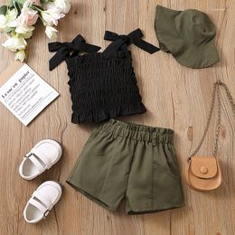 Clothing Sets Kids Girls Summer Clothes Outfits Solid Colour Tie-Up Straps Frills Sleeveless Sling Tank Tops Shorts Fisherman Hat 3Pcs Suit