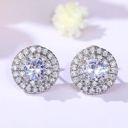 Stud Earrings Simple Stylish Round Shape Women Micro Paved Cubic Zirconia Versatile Silver Colour Bling Trendy Jewellery