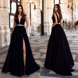 Oksana Mukha 2024 Prom Dresses Deep V Neck Side Split Lace Tassel Formal Evening Gowns Ruffles Floor Length A Line Special Occasion Dresses