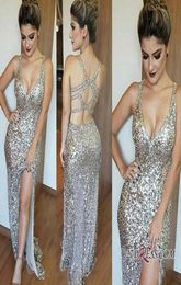 2018 Sexy Spaghetti Straps Silver Sequined Mermaid Prom Dresses Deep VNeck Criss Cross Backless Sleeveless Side Split Evening Gow17302426