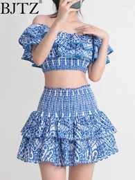 Work Dresses BJTZ Sexy Seaside Vacation Style 2024 One Line Collar Short Ruffled Edge High Waisted Skirt Set For Women HL191