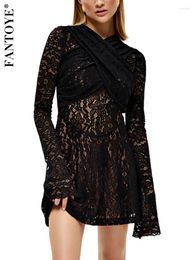 Casual Dresses Fantoye Sexy See Through Lace Cross Women Dress Black Long Sleeve Round Neck Female Printed Floral Elegant Party Clubwear