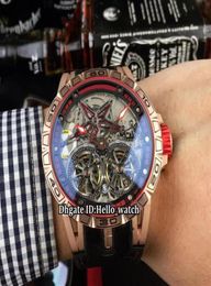 Brand Excalibur 46 Double Tourbillon Silver Dial Red Ring Skeleton DBEX0657 Automatic Mens Watch Rose Gold Case Rubber Strap Gents7648833