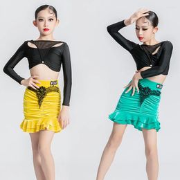 Stage Wear 2024 Latin Dance Competition Clothing For Girls Mesh Sleeved Split Skirts Suit Samba Chacha Tango Dress DN16635