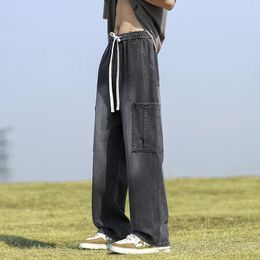 Jeans maschile primavera/estate high street cargo da uomo tasca elastico pantaloni in vita sciolto largo gamba larga