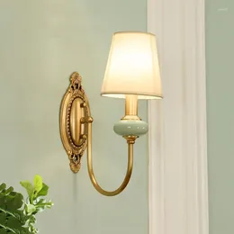 Wall Lamp American Bedroom Living Room Bedside Light Fabric All Copper For Office El Study Corridor Stair Bathroom Lighting