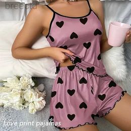 Women's Sleep Lounge Women Pyjamas Sleepwear Pyjama Set Camisole Shorts Pink S M L Heart Print Scoop Neck Cami Top Ice Silk Comfortable Casual Summer d240419