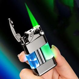 Metal Rocker Ignition Windproof Straight Flame Turbo Torch Without Gas Lighter Transparent Without Gas Window Luminous Light Lighter Men's Gifts