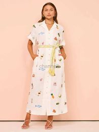 Basic Casual Dresses 2024 NEW Women Printed Long Dress Short Sleeve Belt Buttons Dress Ladies Loose Vestidos Summer Holiday Hawaii Beach Casual Robe 240419