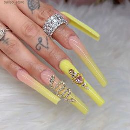 False Nails 24Pcs Long Coffin False Nails with Glue Yellow Snake Rhinestone Design Wearable Ballet Press on Nails Full Cover Fake Nail Tips Y240419