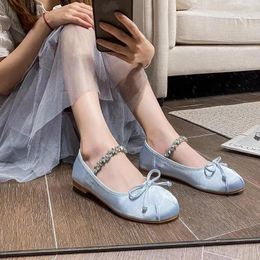 Casual Shoes Solid Colour Bow-knot Women Sandals Outdoor Pink Cover Heel Flats Crystal Strap Girls Round Head Zapatos Mujer