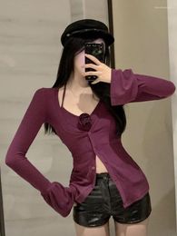 Women's Knits Women Clothing Y2k Tshirts Suit Chic Two Piece Sets Flower Tunic Flare Sleeve Cardigan Sexy Sling Vest Outfits Korean Casual