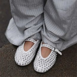 Casual Shoes White Women Ballet Flats Round Toe Dance Shoes Designer Studded Runway Walk Loafers Casual Espadrilles Ladies Mary Janes T240422