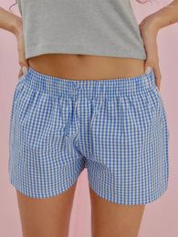 Women's Sleepwear Summer Plaids Shorts Low Rise Elastic Band Straight Short Pants Loungewear Sleep Bottoms