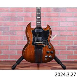 Stocking!Electric guitar see thru wood grain brown Colour chrome parts with long tail aged paint and parts crack lines rosewood fingerboard free shipping!