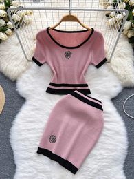 YuooMuoo Women Dress Set Korean Fashion Knitted Crop Tops High Waist Skinny Mini Skirts Fashion Two Piece Suits Matching Set 240419