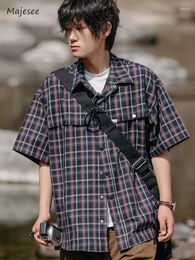 Men's Casual Shirts Men Daily Summer Vintage Plaid Short Sleeve Loose Korean Style Handsome Breathable All-match Turn-down Collar