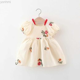 Girl's Dresses Summer Girls Korean Edition Western Style Dress Full of Embroidered Flower Cotton Bubble Short sleeved Princess Dress d240419