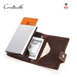 Wallets Contact's Crazy Horse Leather Men Wallet Rfid Blocking Credit Card Holder Aluminium Box Automatic Pop Up Business Security Purse