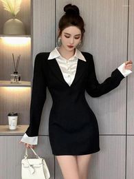 Casual Dresses Autumn Lapel Long Sleeve Office Lady Patchwork Short 2024 Fashion Button Shirt Mini Dress Women Streetwear French