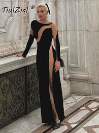 Casual Dresses TiulZial High Split Black Long Dress For Women Clothing Slim Sexy Streetwear One Shoulder Sleeve Vestidos De Mujer Autumn