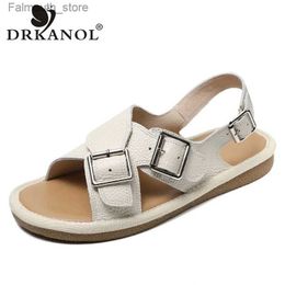 Sandals Drkanol Womens Flat Sandals 2024 New Design buckle genuine leather casual sandals Womens outdoor open toe sandals Q240419