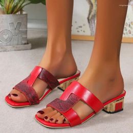 Slippers Brand Designer Snakeskin Pattern Summer Square Toe Med Heels Women Shoes Chunky Fashion Leisure Chaussures Femme